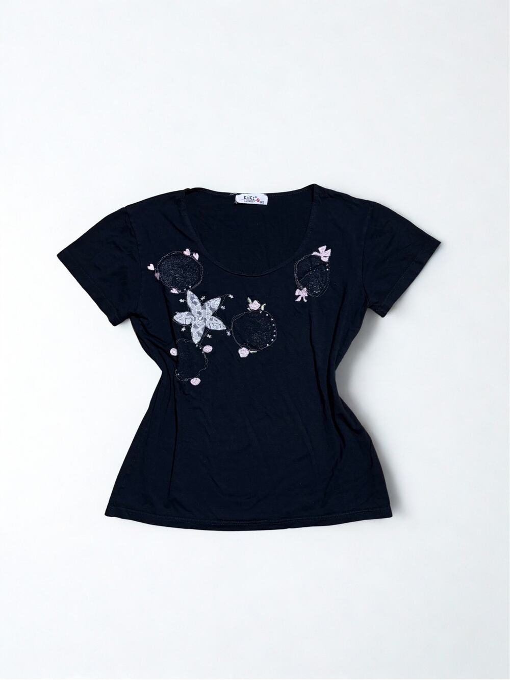 Vtg Y2K Kiki Fashion Black Coquette Lace Applique Blush Pink Rosette Tee